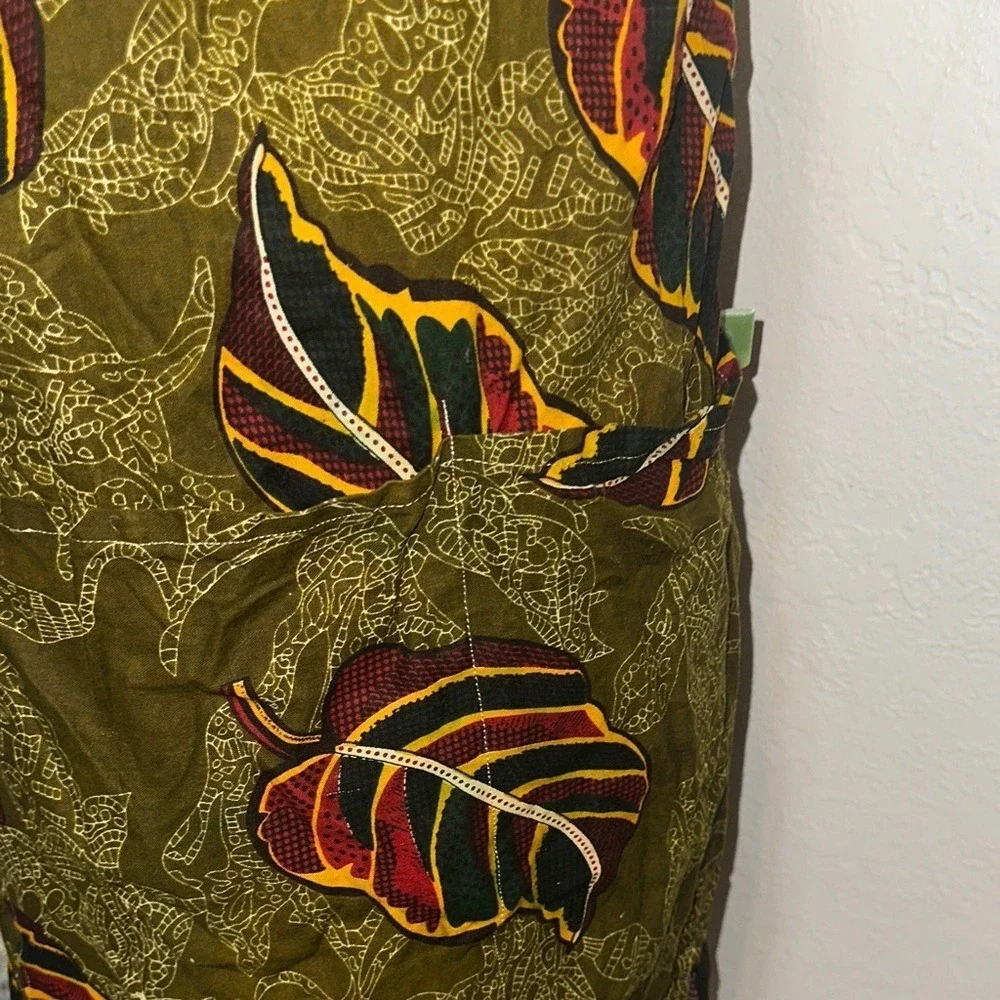 Timbali Crafts Apron Olive Green Leaf Print Artisan Made Ghana Pocket
